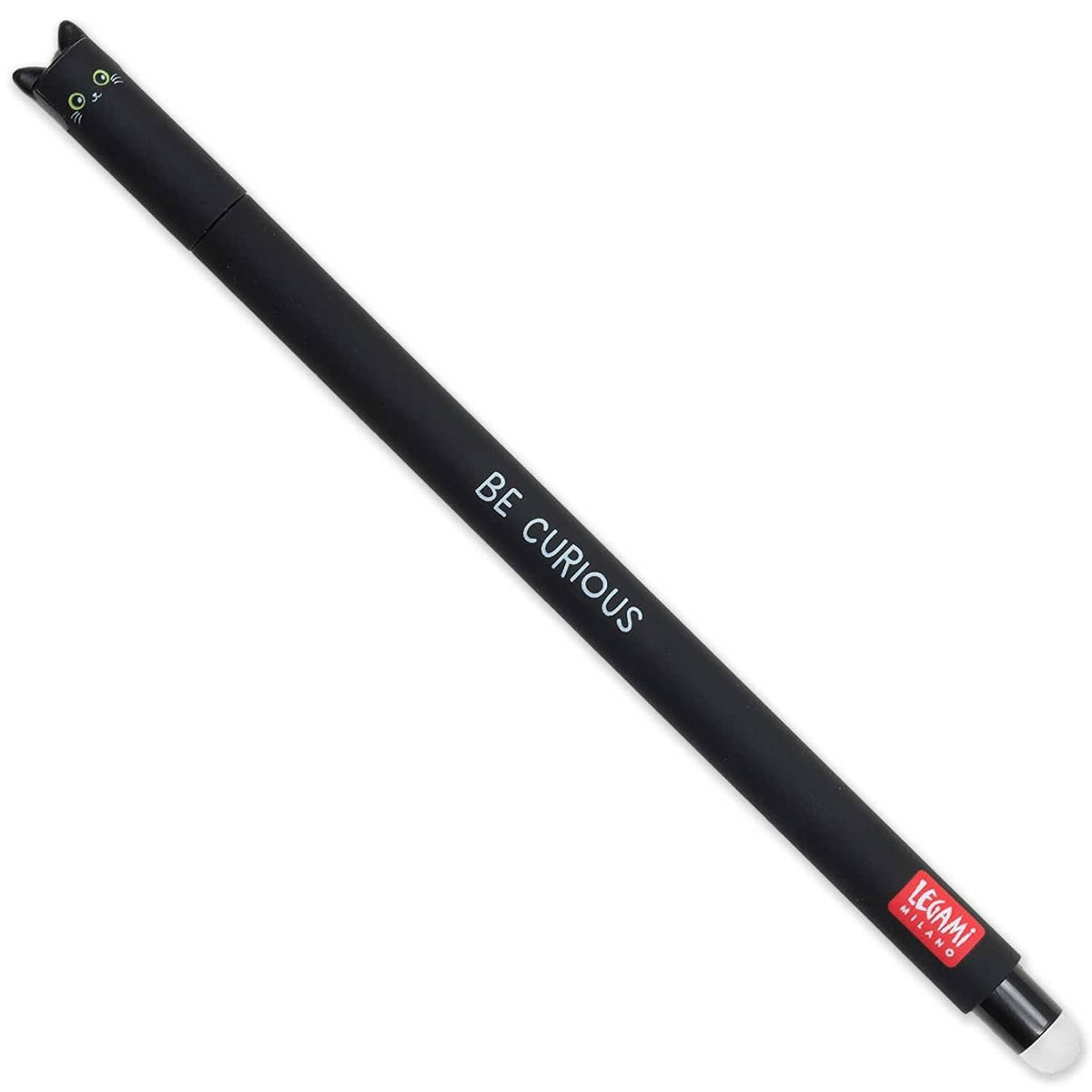 Black erasable gel pen with cat ears, “BE CURIOUS” text on the barrel