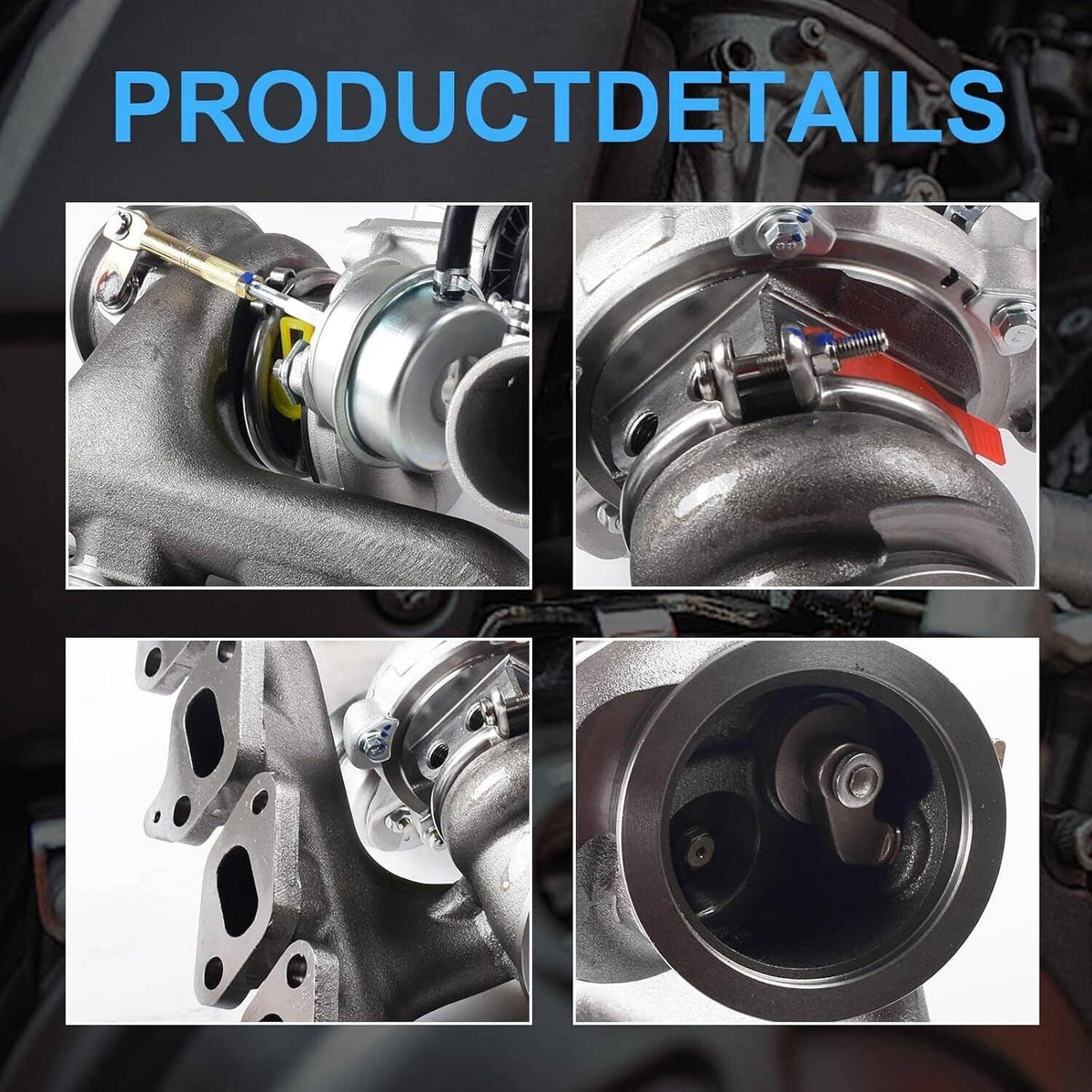 Turbocharger product detail close-ups of housing, compressor wheel, and mounting points