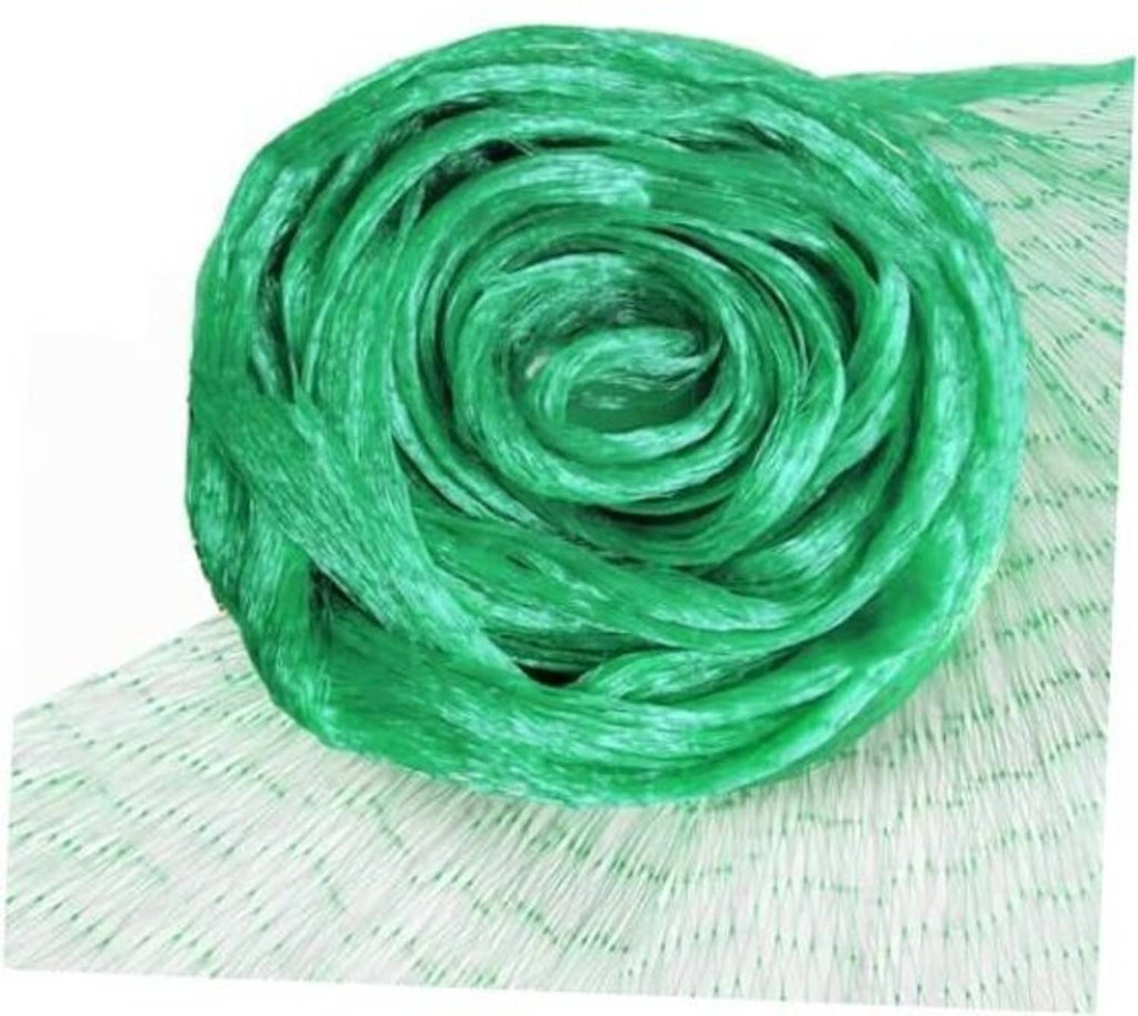 Green and white bird netting roll, tightly coiled garden protection mesh sheet