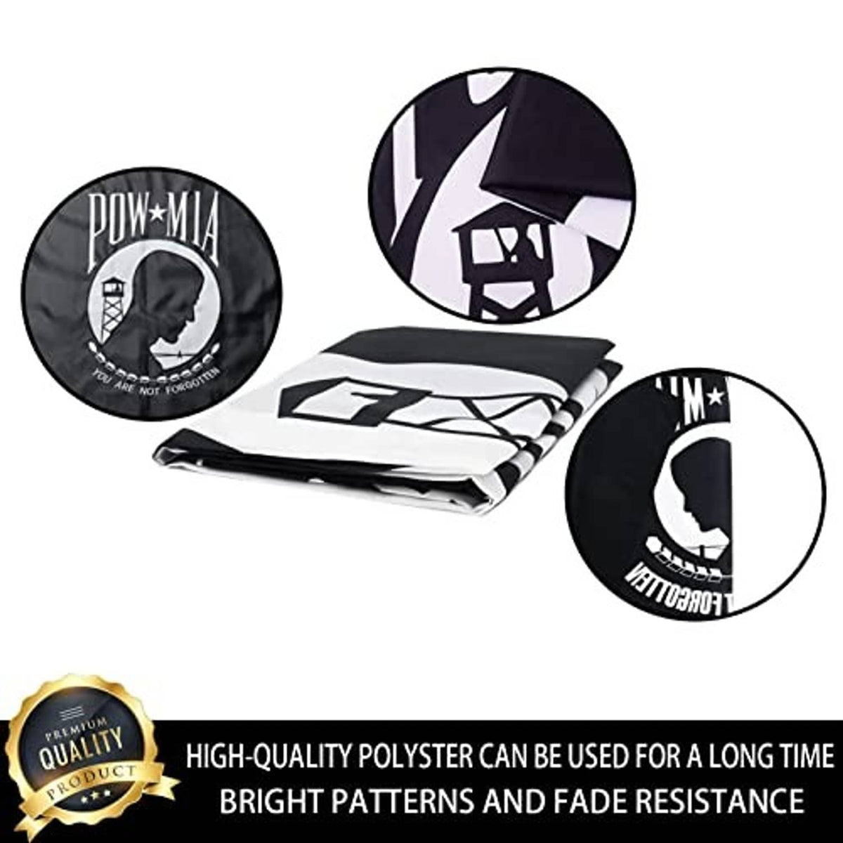 Double-sided POW-MIA flag with emblem closeups and folded fabric view
