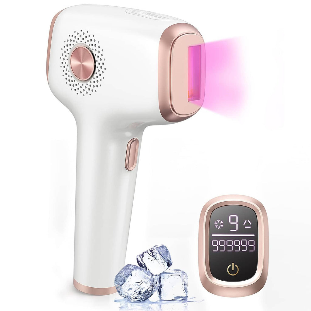 White and rose-gold IPL hair removal device with glowing display and nozzle