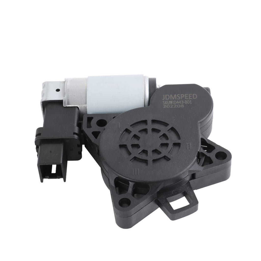 Power window lift regulator motor with black housing and silver cylinder, front view