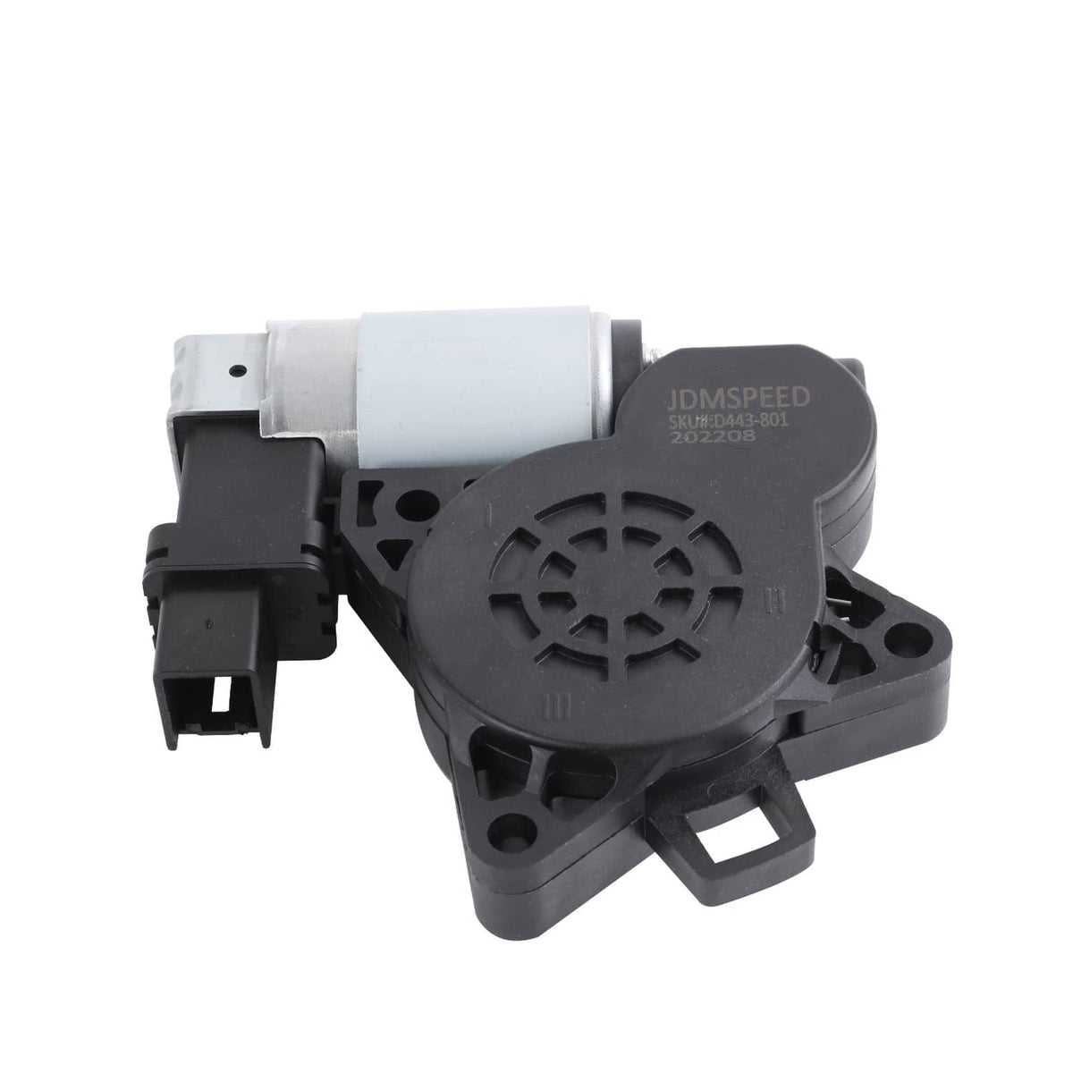 Power window lift regulator motor with black housing and silver cylinder, front view