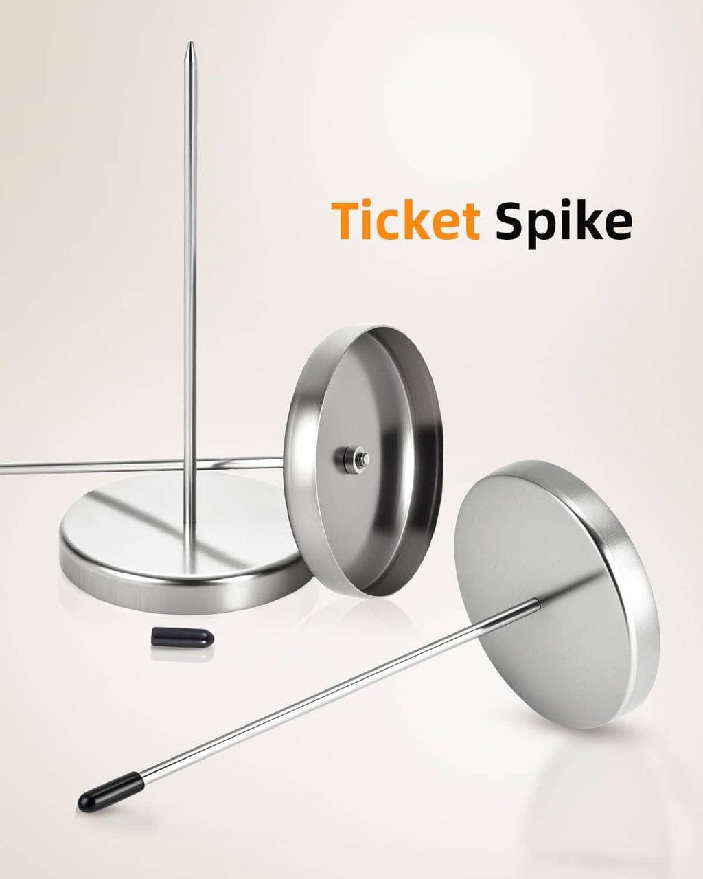 Stainless steel ticket spike holder with round base and two pedestal plates