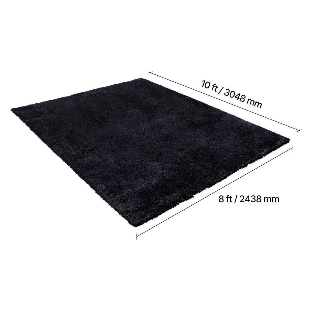Black rectangular plush area rug with 8 ft by 10 ft dimensions marked