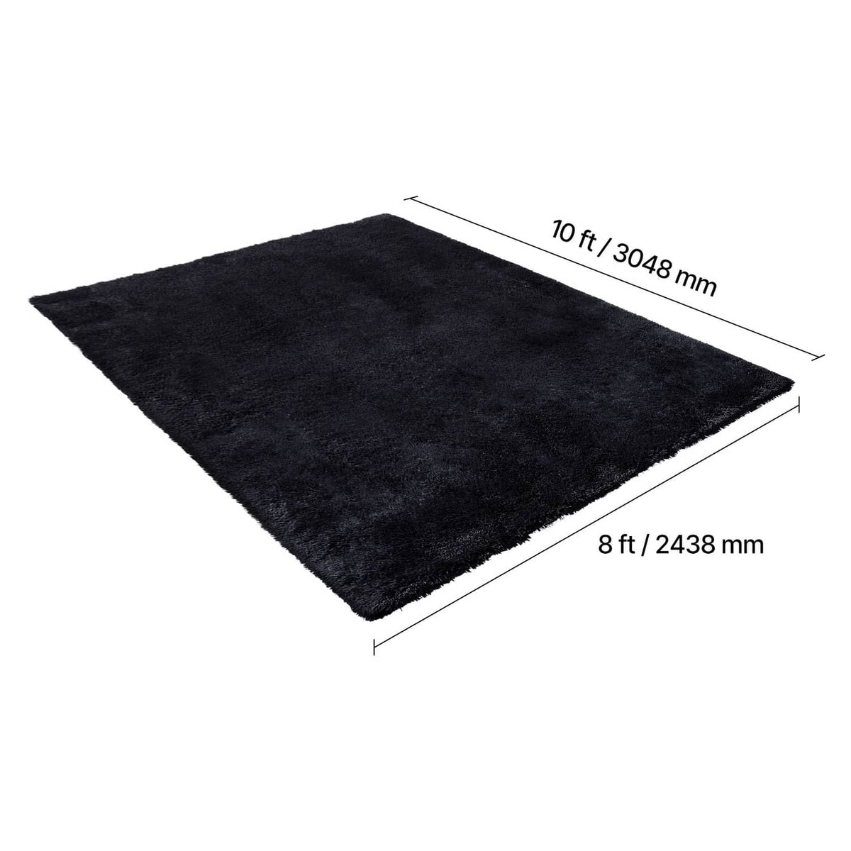 Black rectangular plush area rug with 8 ft by 10 ft dimensions marked