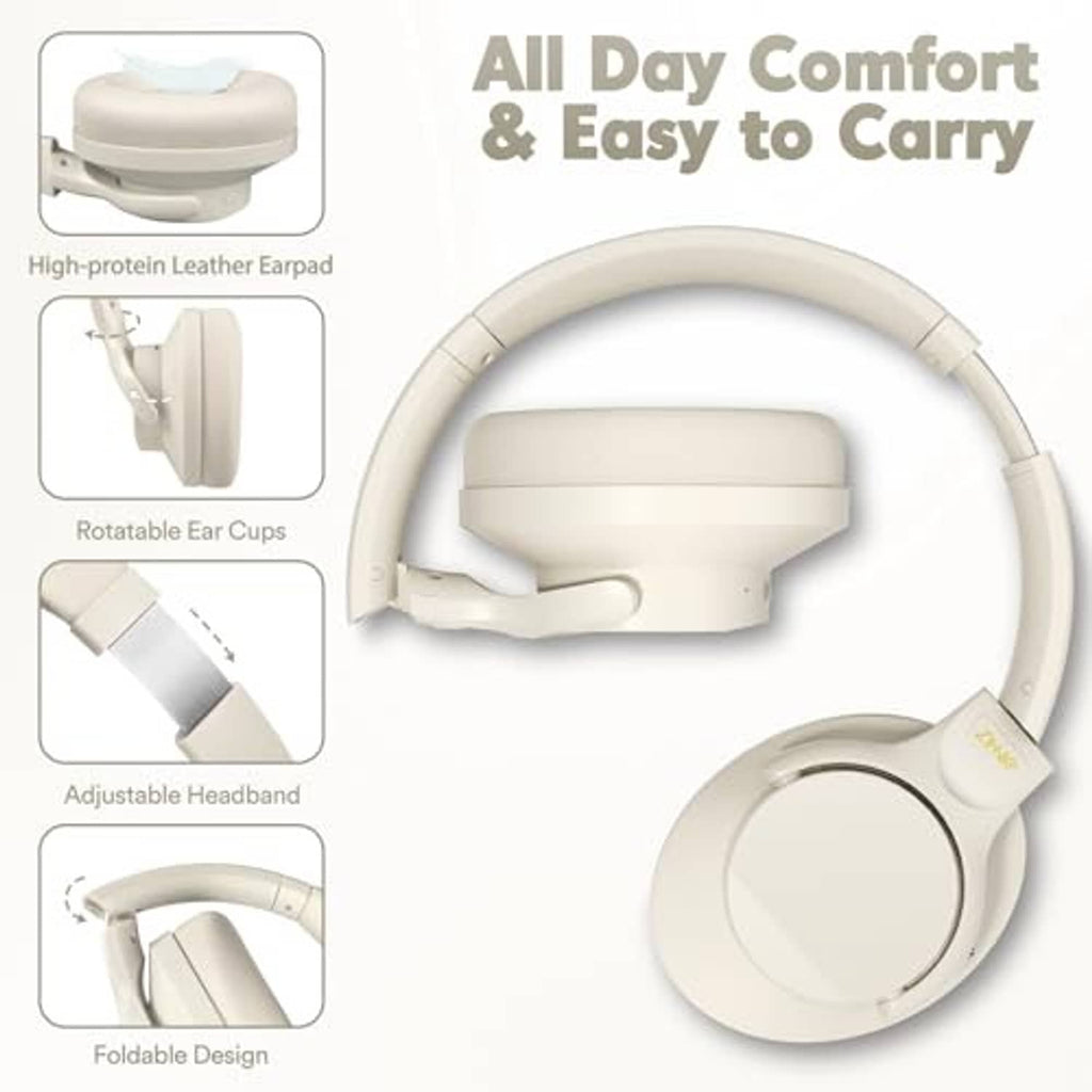 Milky white wireless over-ear headphones with foldable design and rotatable ear cups