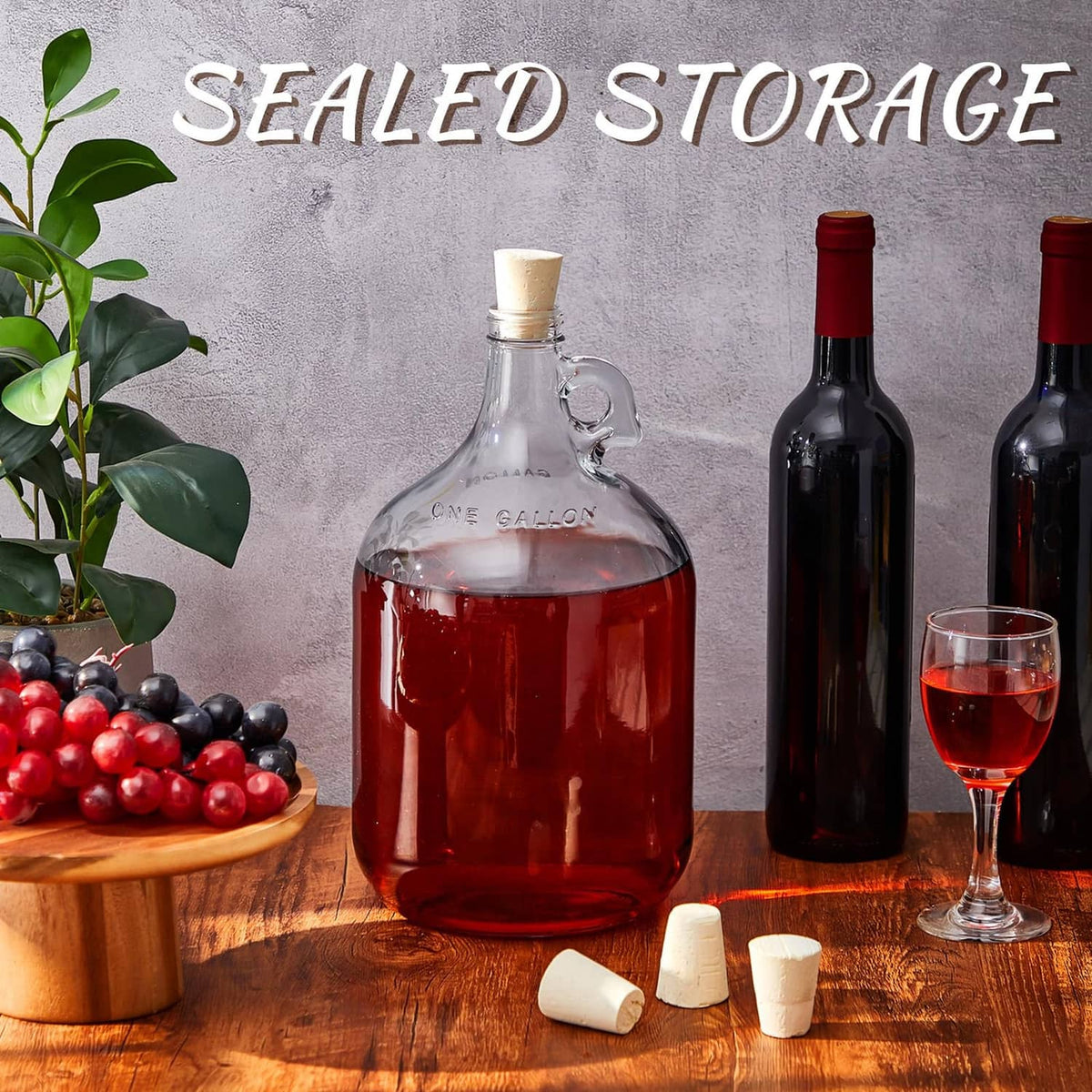 Sealed storage set with light brown cork stoppers on glass carboy and wine bottles