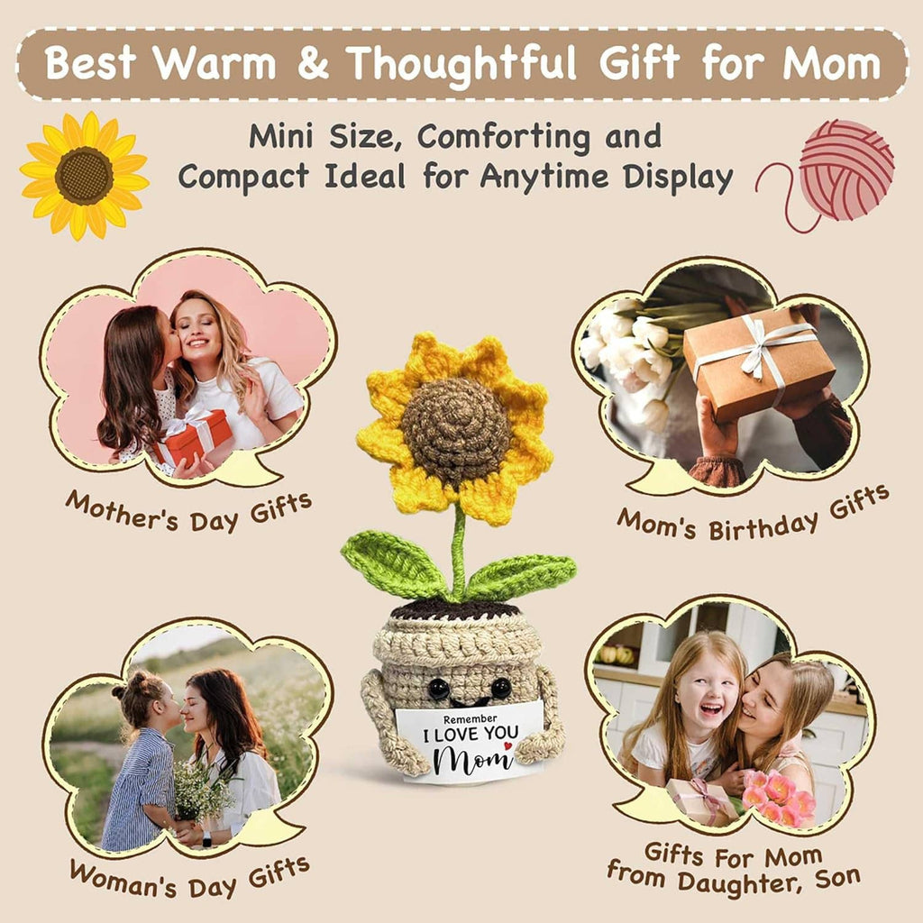 Crocheted sunflower plant with yellow petals, green leaves, and beige pot, 'Remember I love you Mom' label