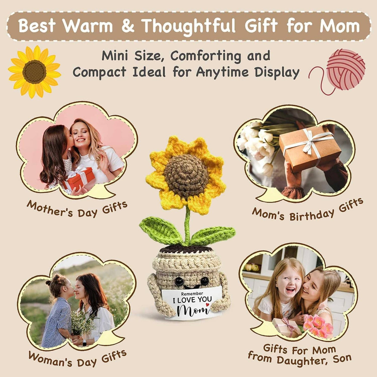 Crocheted sunflower plant with yellow petals, green leaves, and beige pot, 'Remember I love you Mom' label