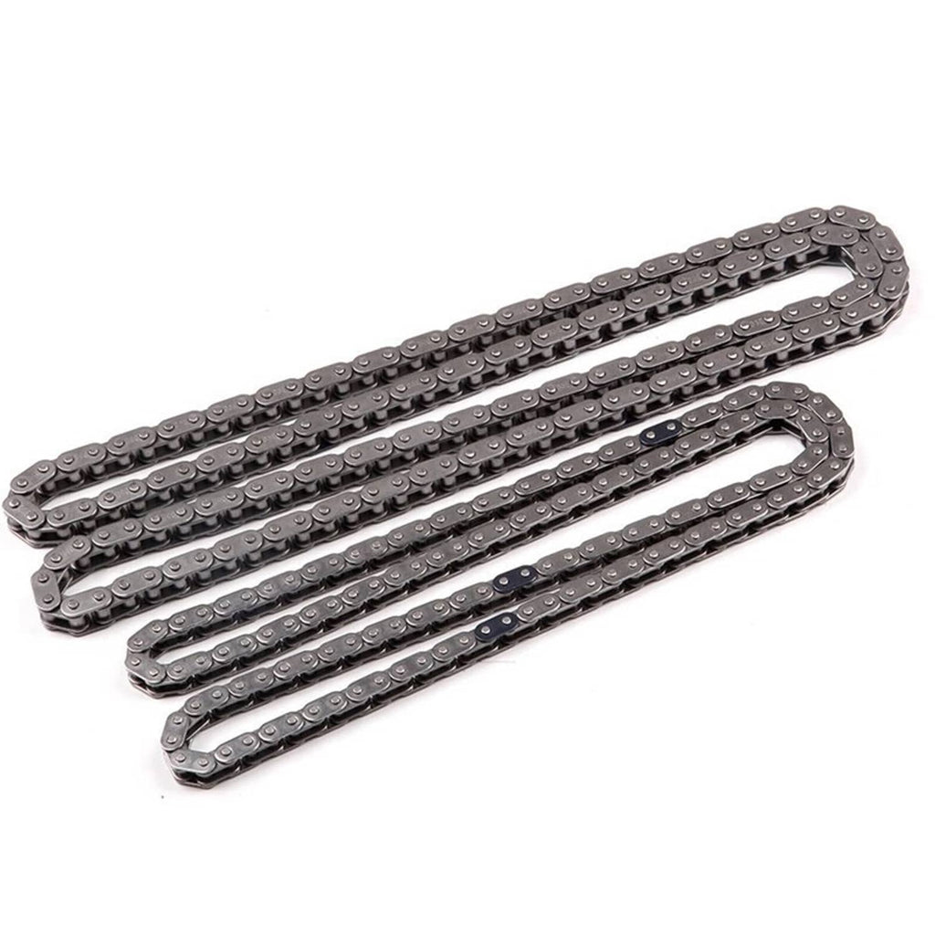 Double-row timing chain with metal links and drive pins