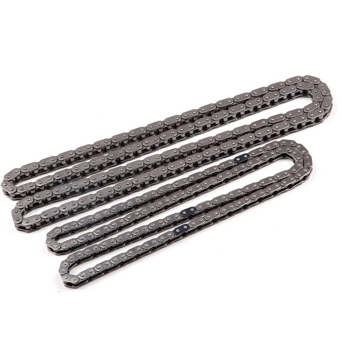 Double-row timing chain with metal links and drive pins