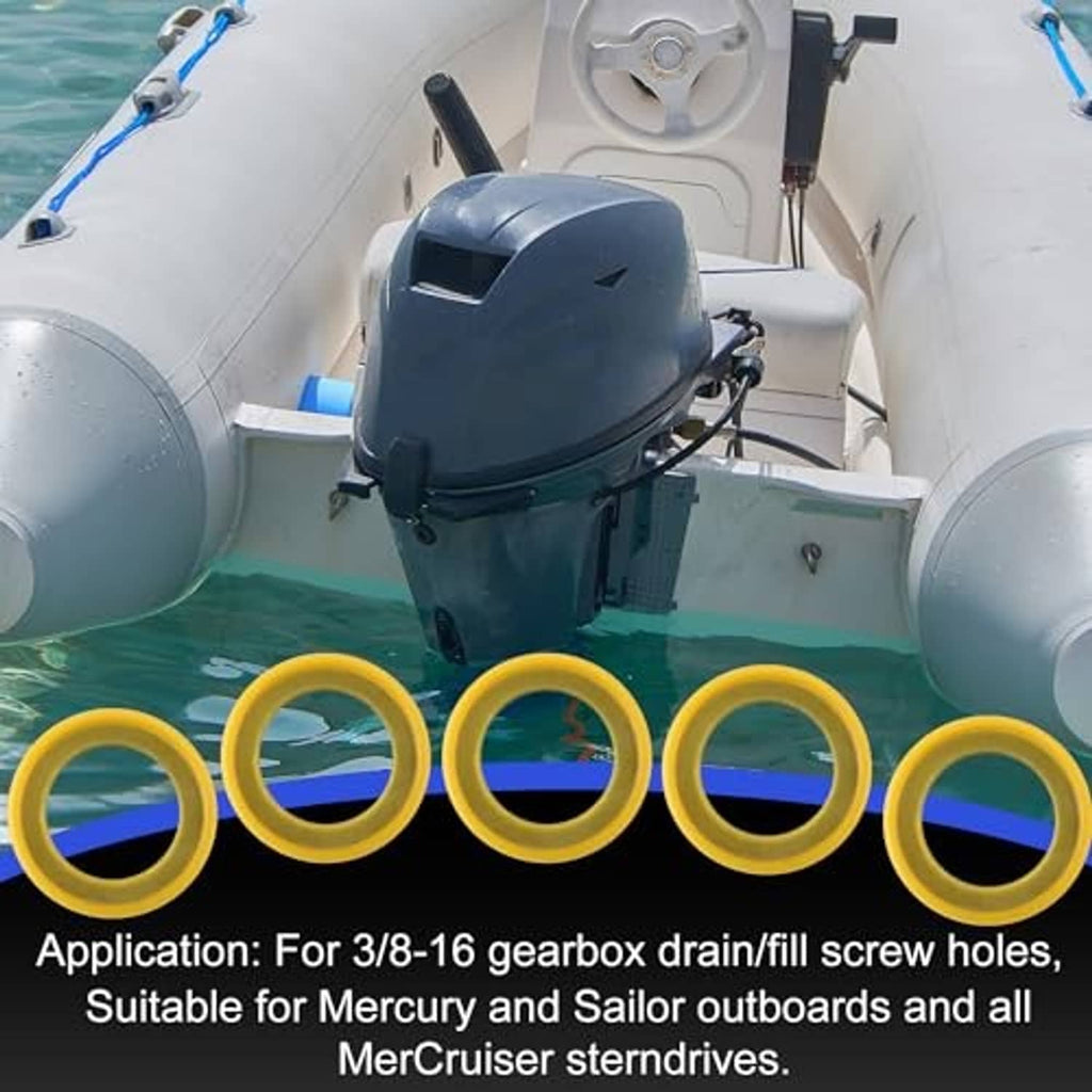 Yellow round seal washers lined up along the boat engine area