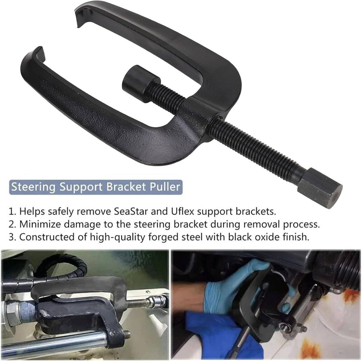 Black steering support bracket puller with threaded rod, end adapters, and curved jaws