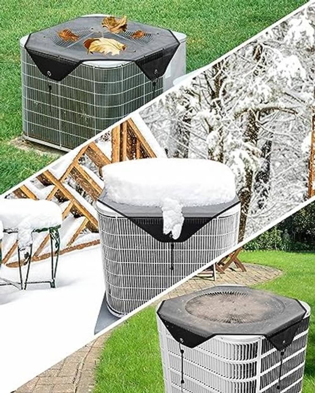 Air conditioner cover shown on outdoor units, black top with vented white sides