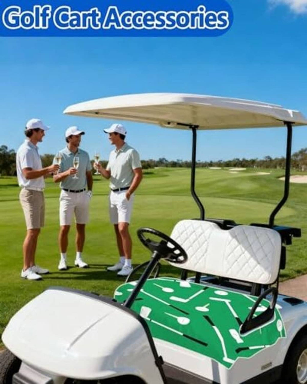 Golf cart seat cover, white padded seats with green club-pattern towel