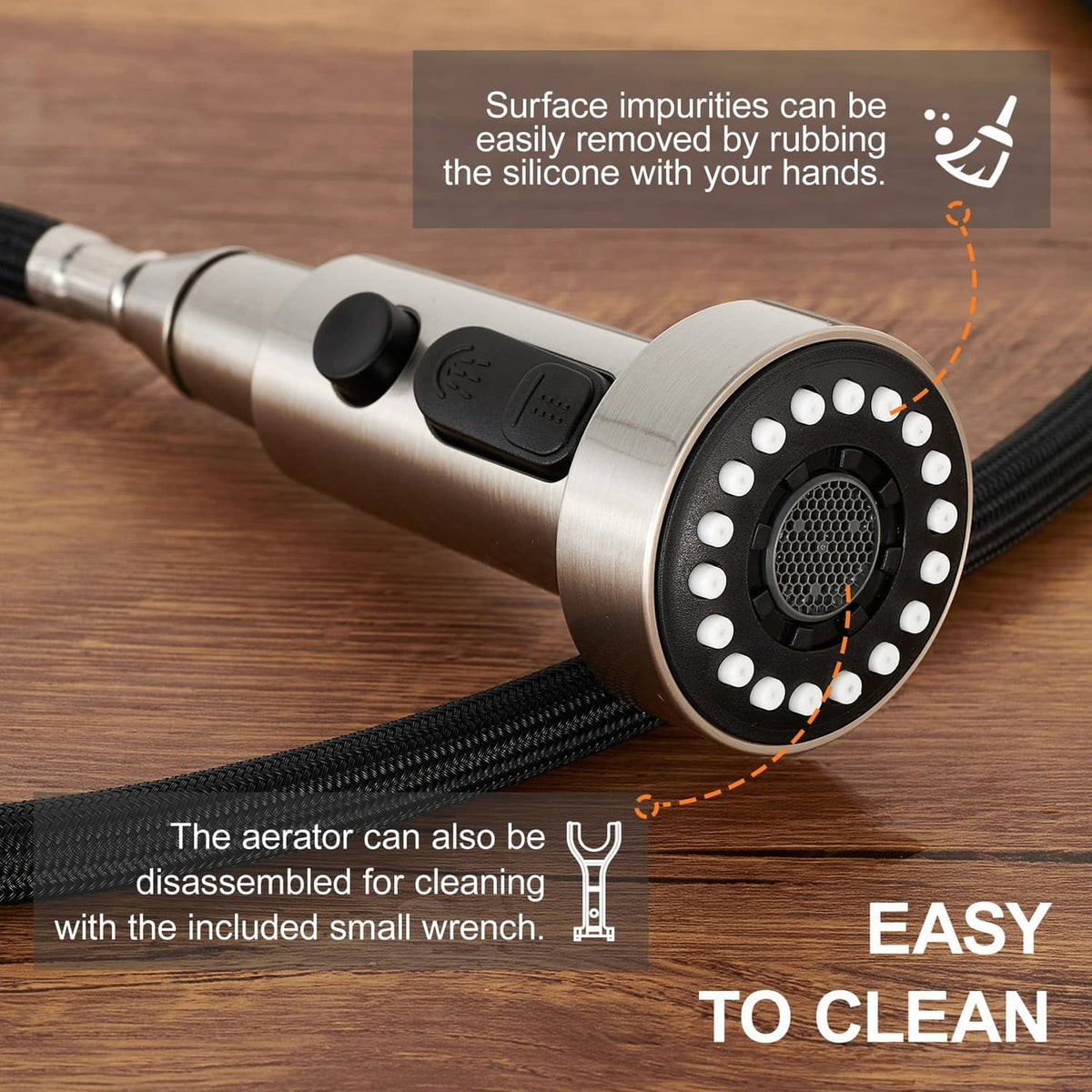 Brushed nickel aerator face with black rubber nozzles for easy cleaning