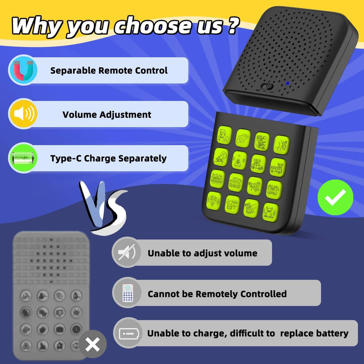 Black separable sound effects remote with green keypad buttons and top speaker grille