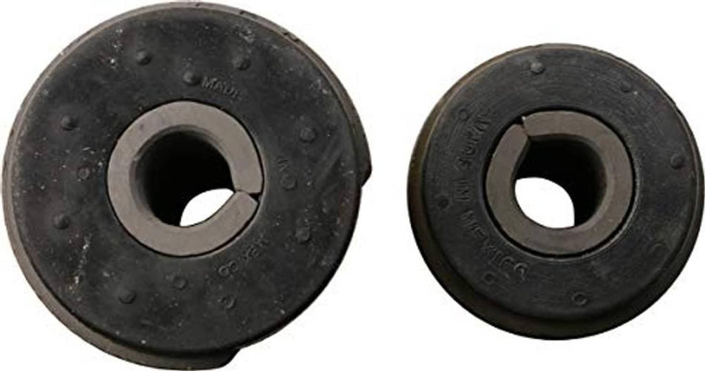 Two black suspension bushing discs with center metal bushing opening