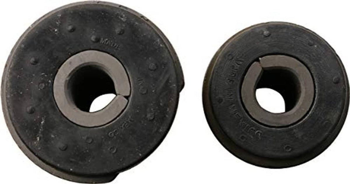 Two black suspension bushing discs with center metal bushing opening
