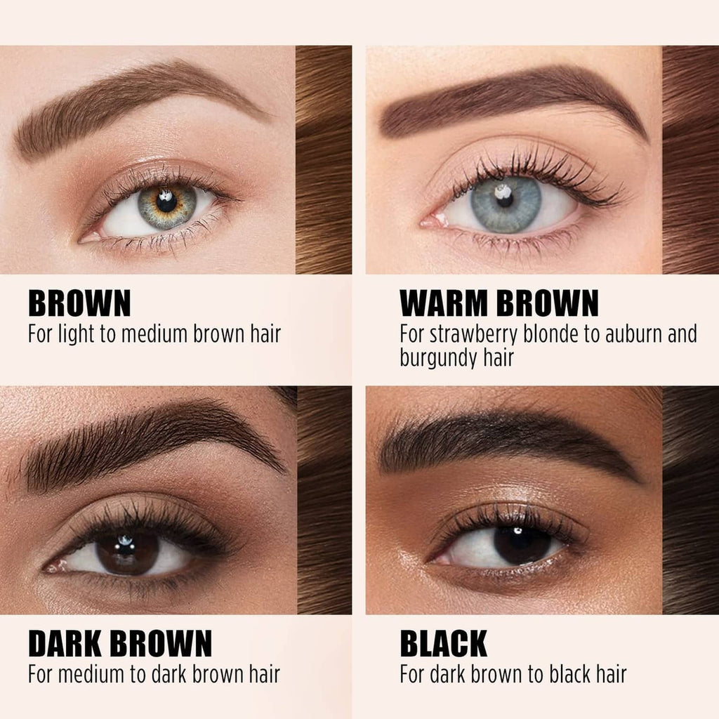 Eyebrow tint shade swatches on models: brown, warm brown, dark brown, and black