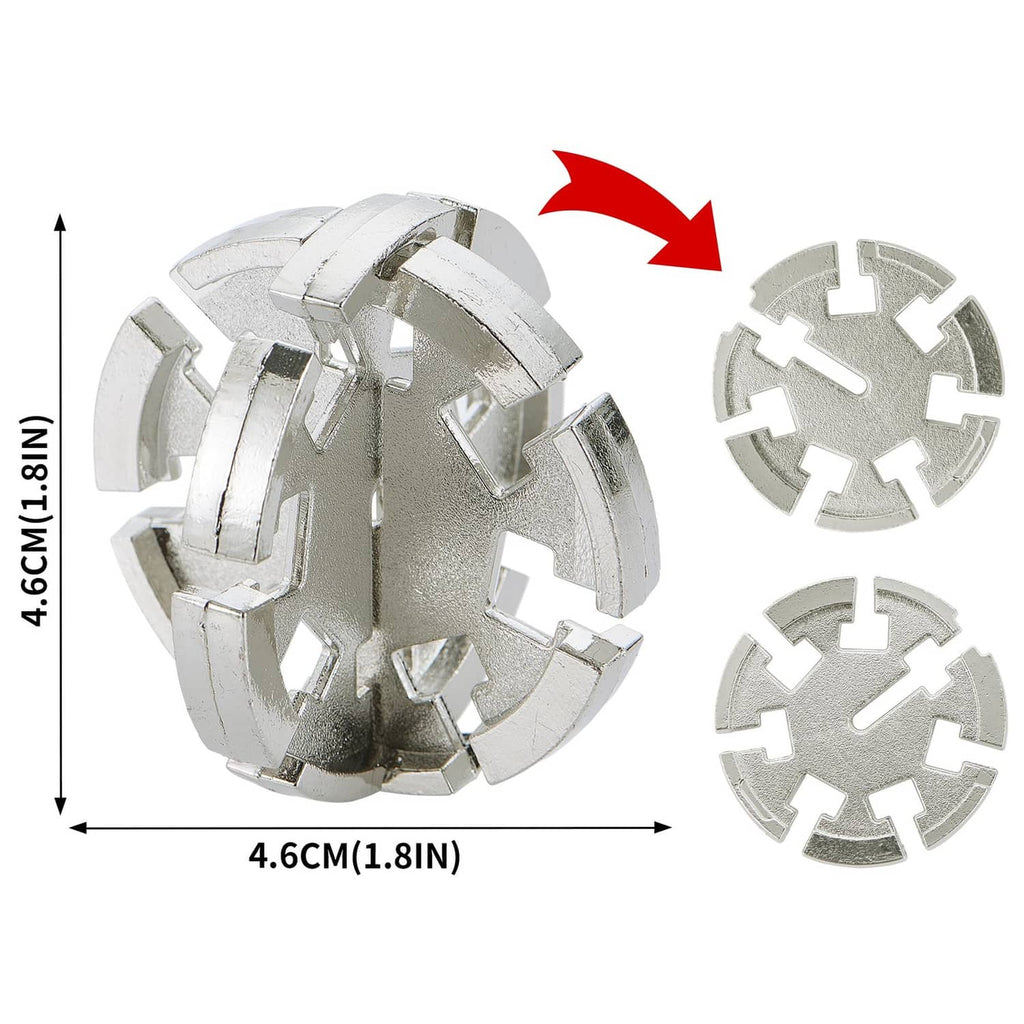 Silver-tone gear wheel snap puzzle, three circular segments and one rotated piece