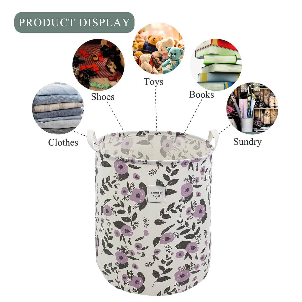 Floral collapsible laundry basket in white with purple flowers, rounded sides and handles.