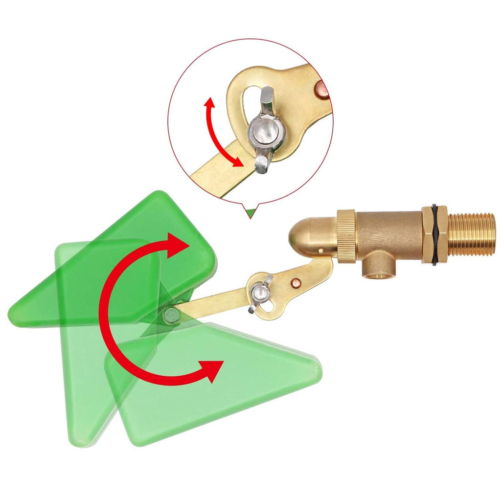 Green plastic float water valve with brass body and lever, close-up indicator