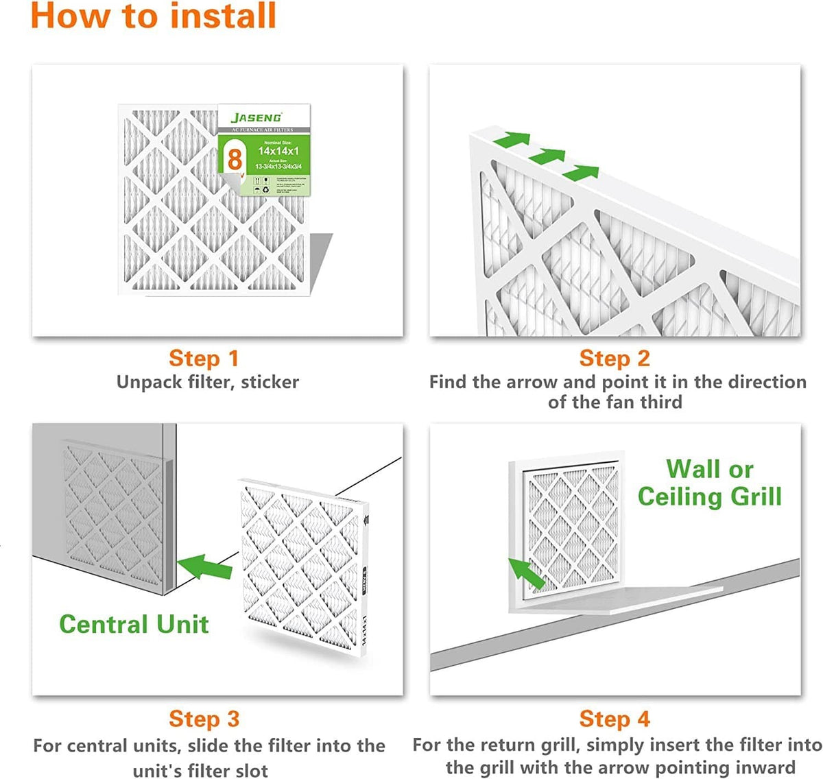 JASENG pleated air filter installation guide showing placement and direction arrows