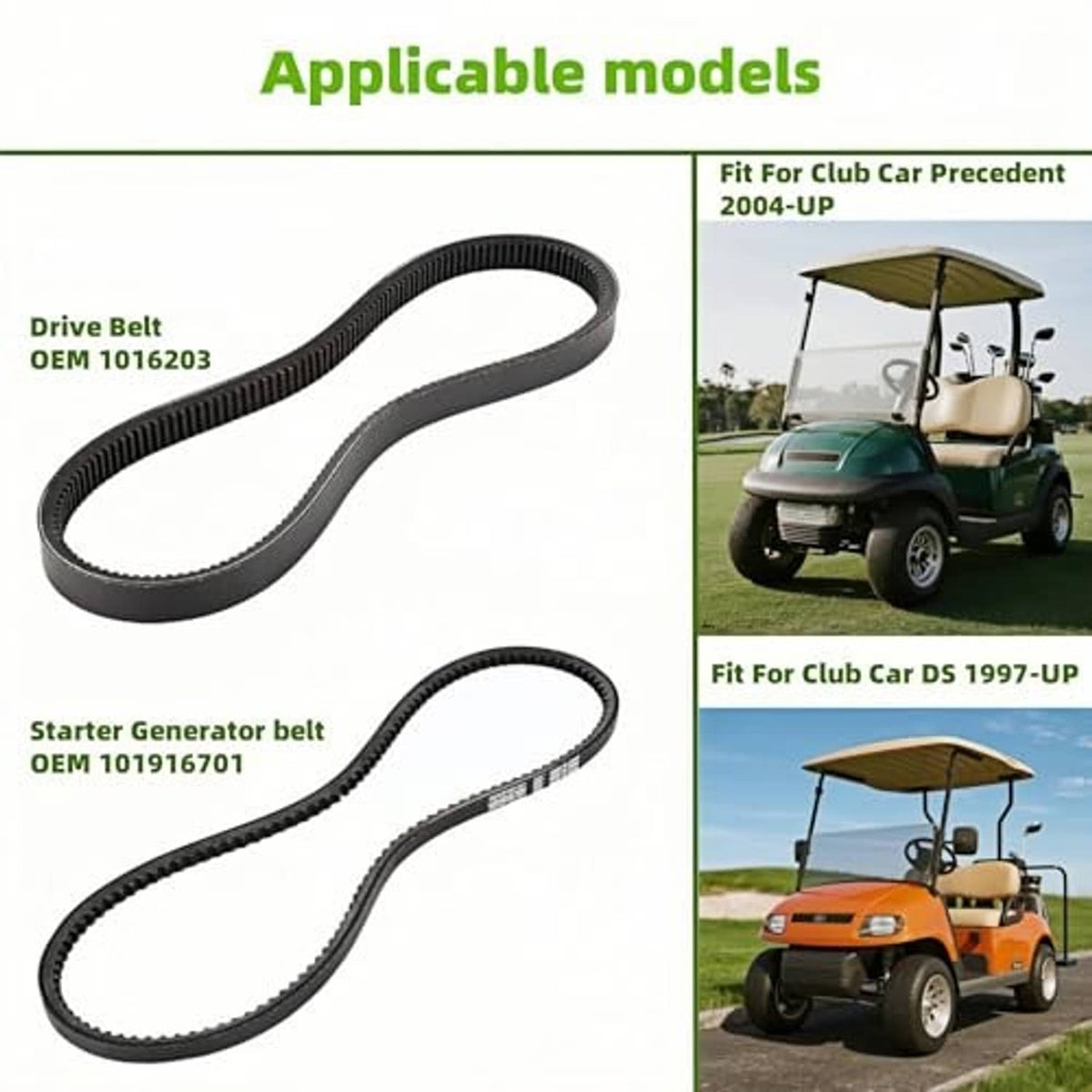 Two black V-belts with printed OEM part labels