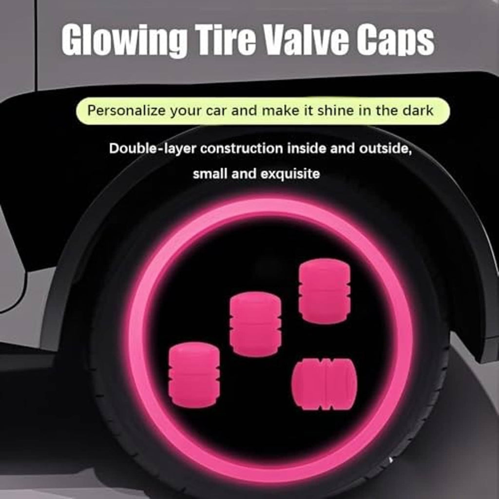 Pink glowing tire valve caps shown on a wheel with bright ring light effect