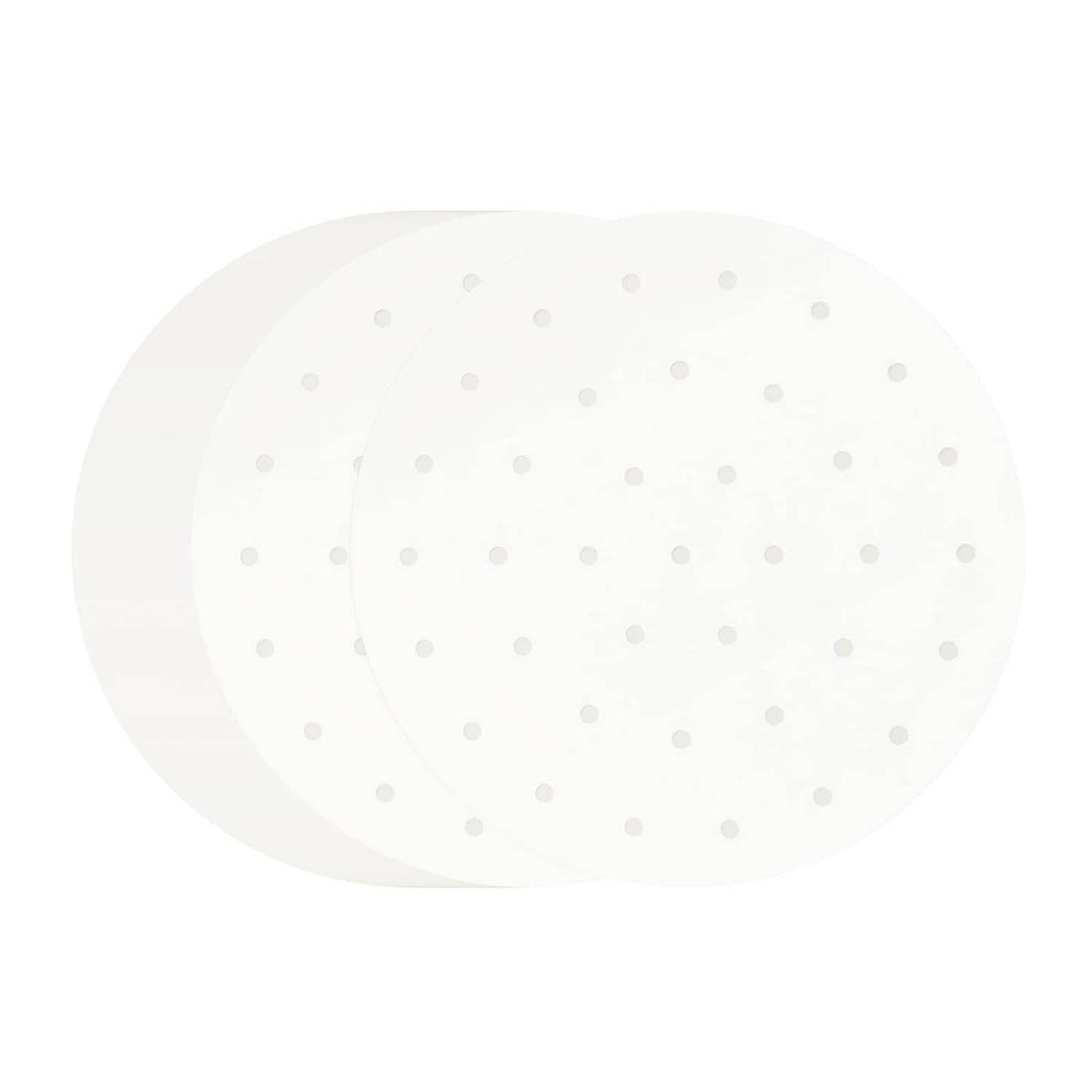 Round white air fryer parchment liner with perforated holes, nonstick surface