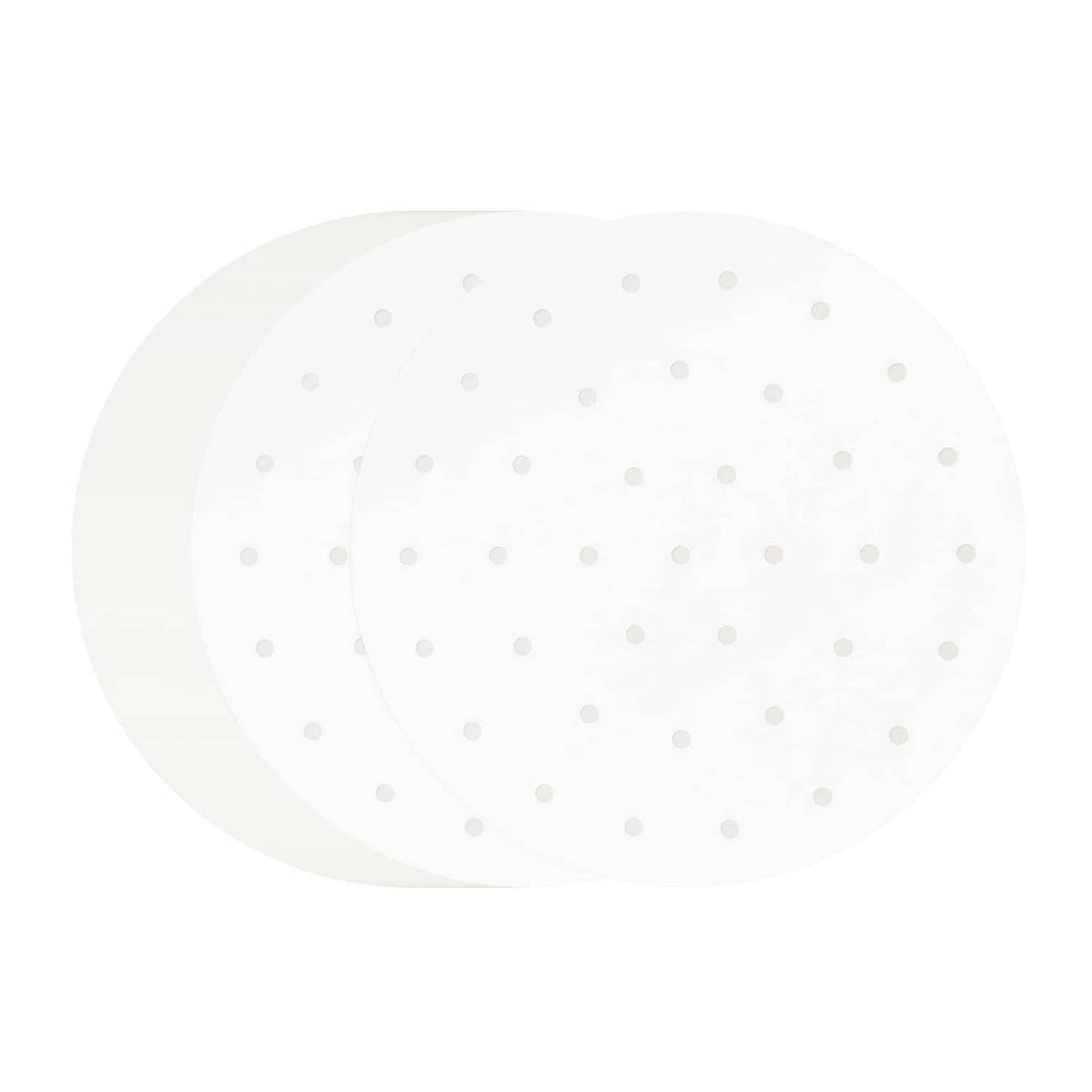 Round white air fryer parchment liner with perforated holes, nonstick surface
