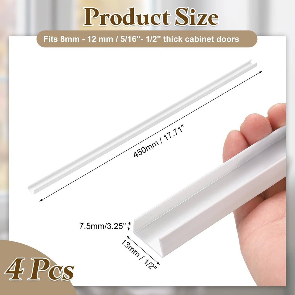 White U-shaped cabinet door protector strip, sized for thick cabinet doors