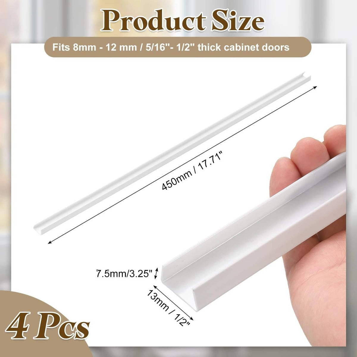White U-shaped cabinet door protector strip, sized for thick cabinet doors