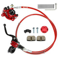 Red hydraulic brake caliper and lever kit with red brake hose and mounting parts