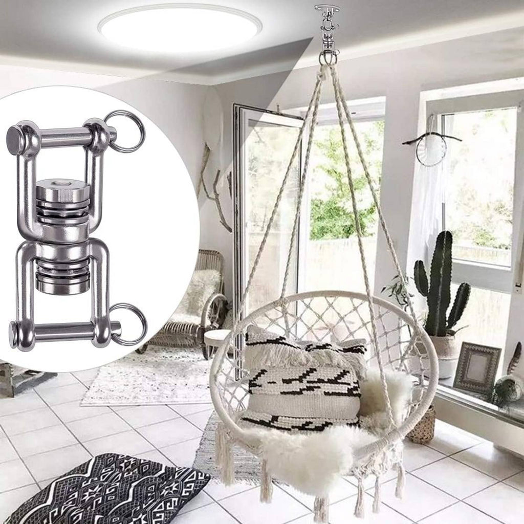 Stainless steel hammock swing hanger with dual rings suspending a hammock indoors