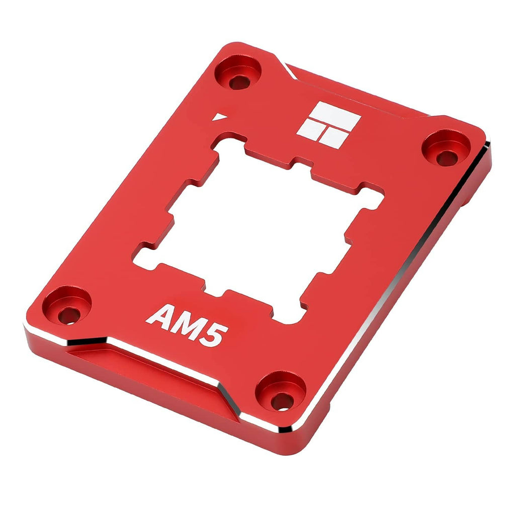 Red AM5 CPU mounting frame close-up with central cutout and four corner screw holes