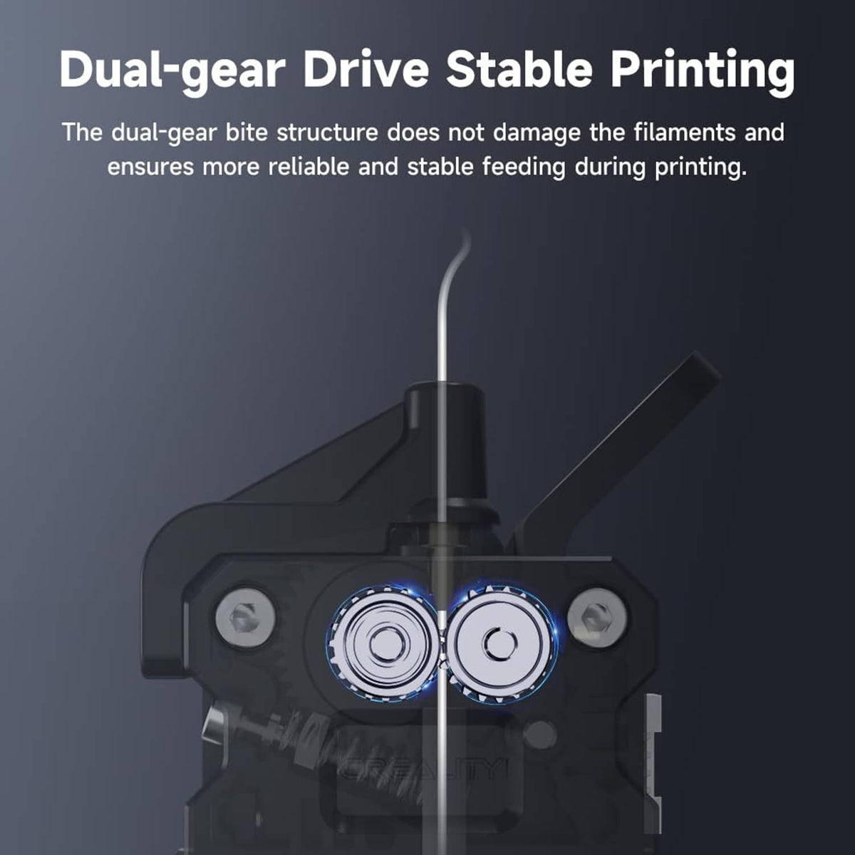 Front view of dual-gear direct-drive extruder with blue gear windows