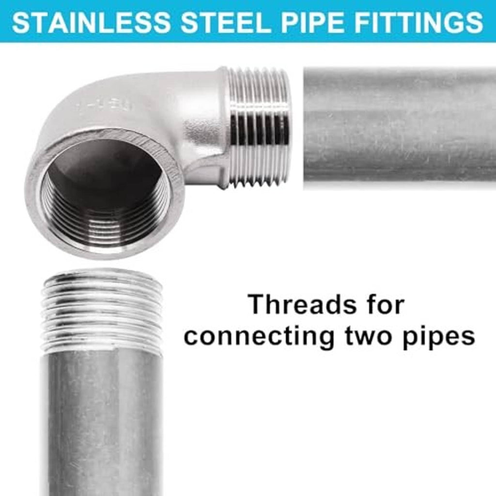 Stainless steel 90-degree elbow fitting with connecting threads for two pipes