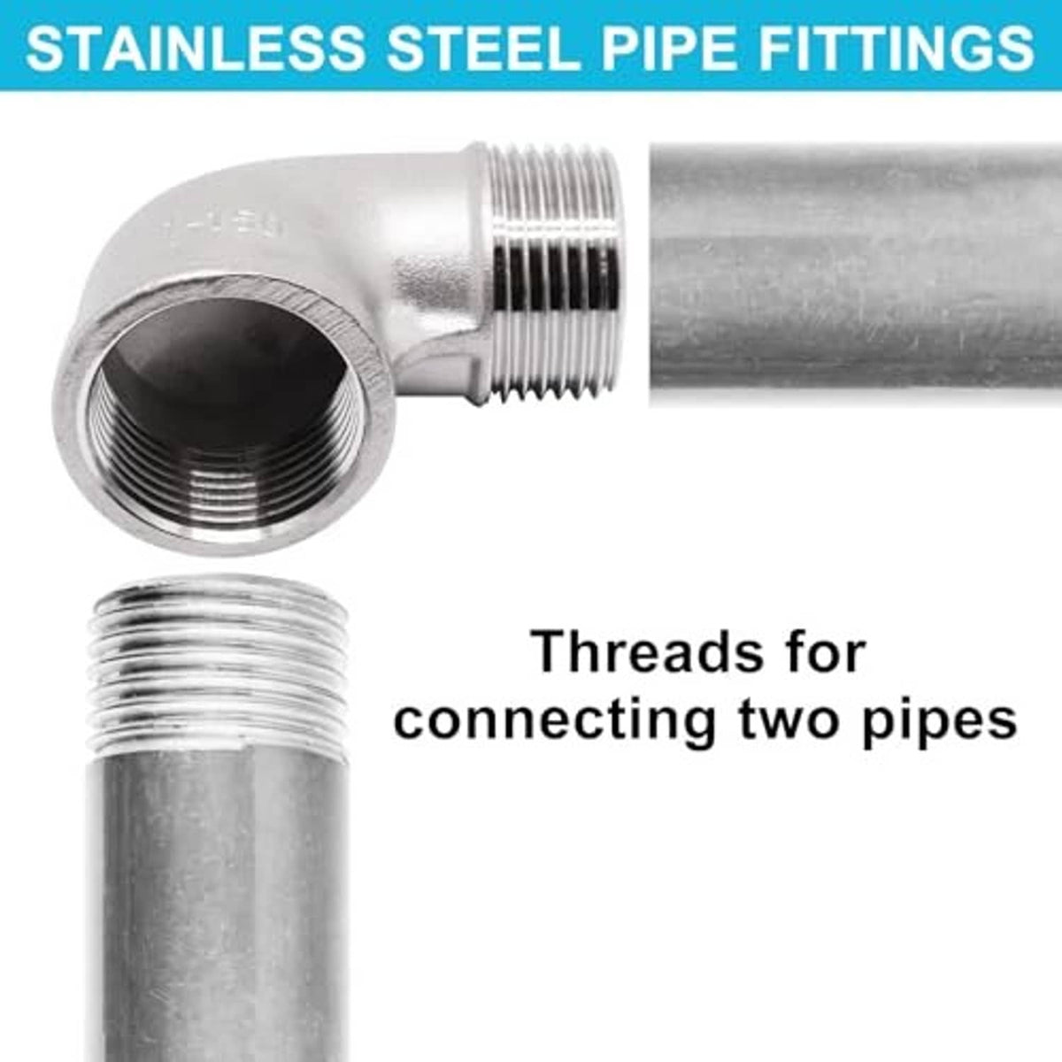Stainless steel 90-degree elbow fitting with connecting threads for two pipes