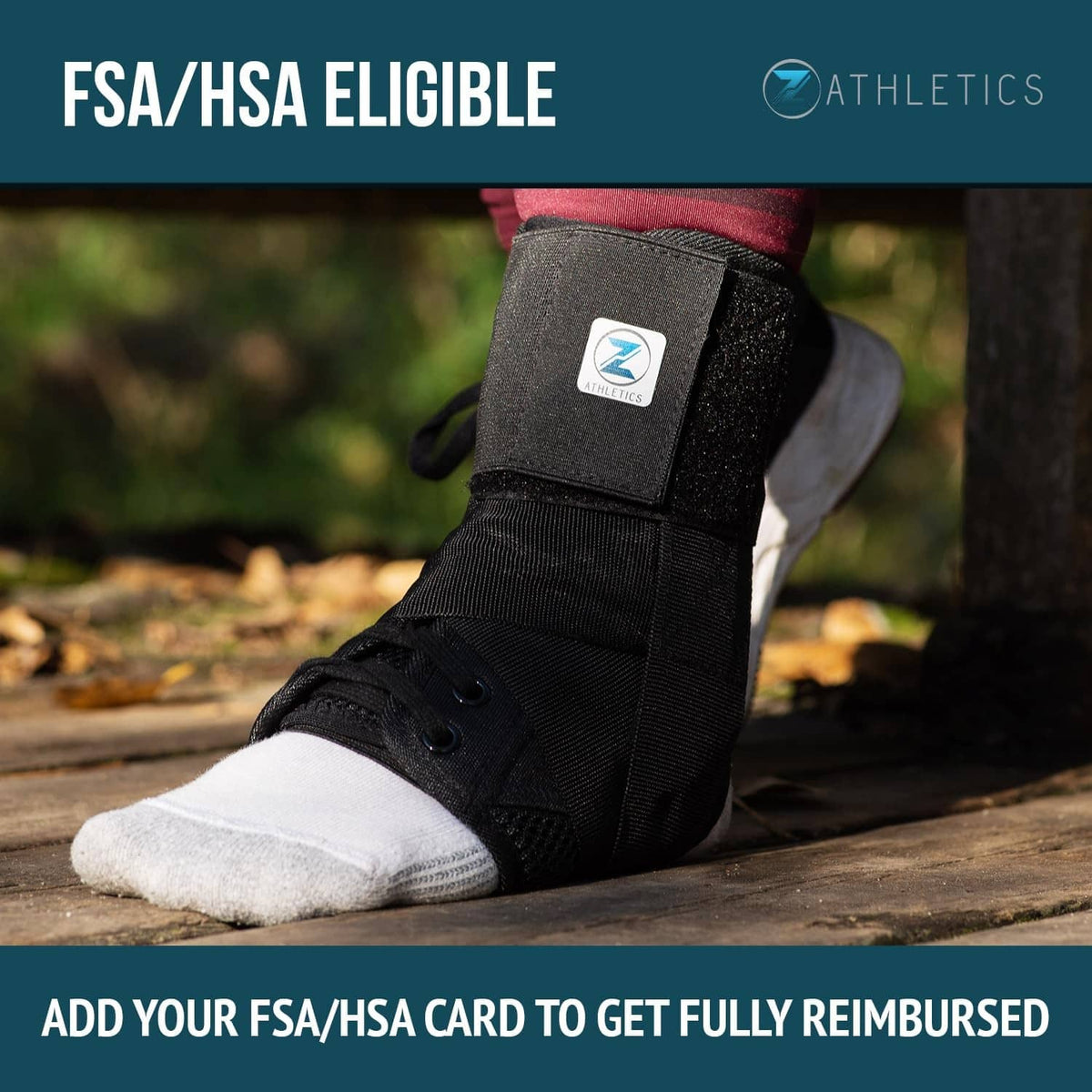 Black ankle brace over sock on walking shoe with front lace-up eyelets