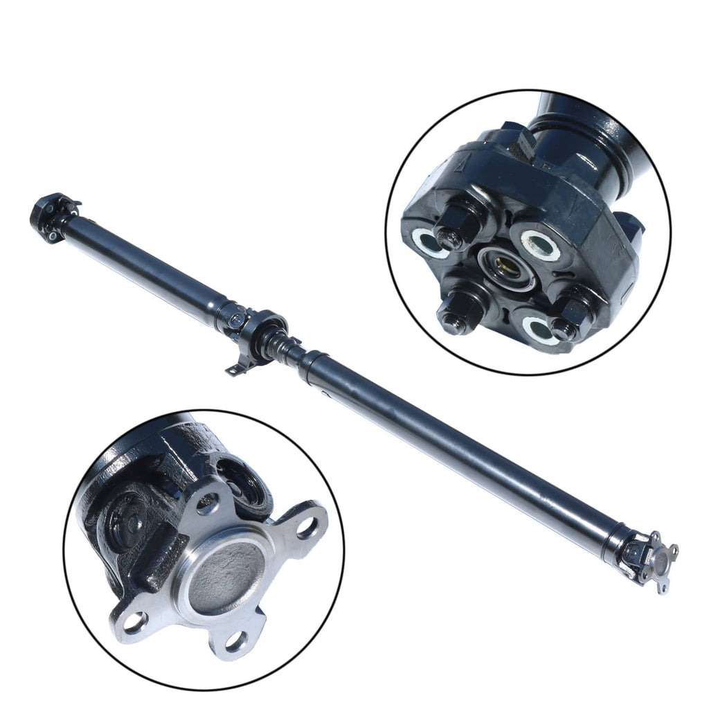 Rear propeller drive shaft with universal joint and mounting flange, dark blue steel