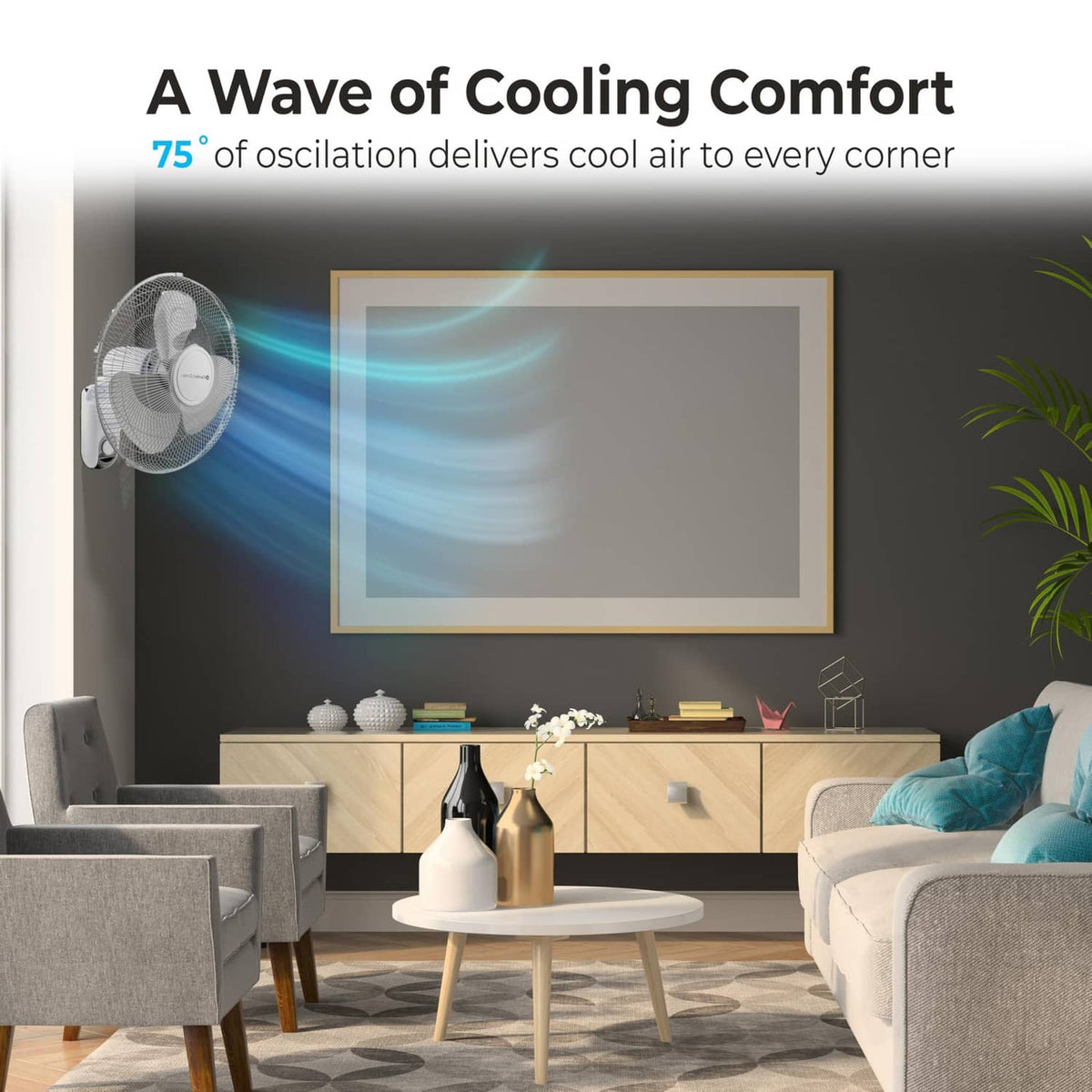 Comfort Zone wall mount oscillating fan with cooling airflow shown by motion lines