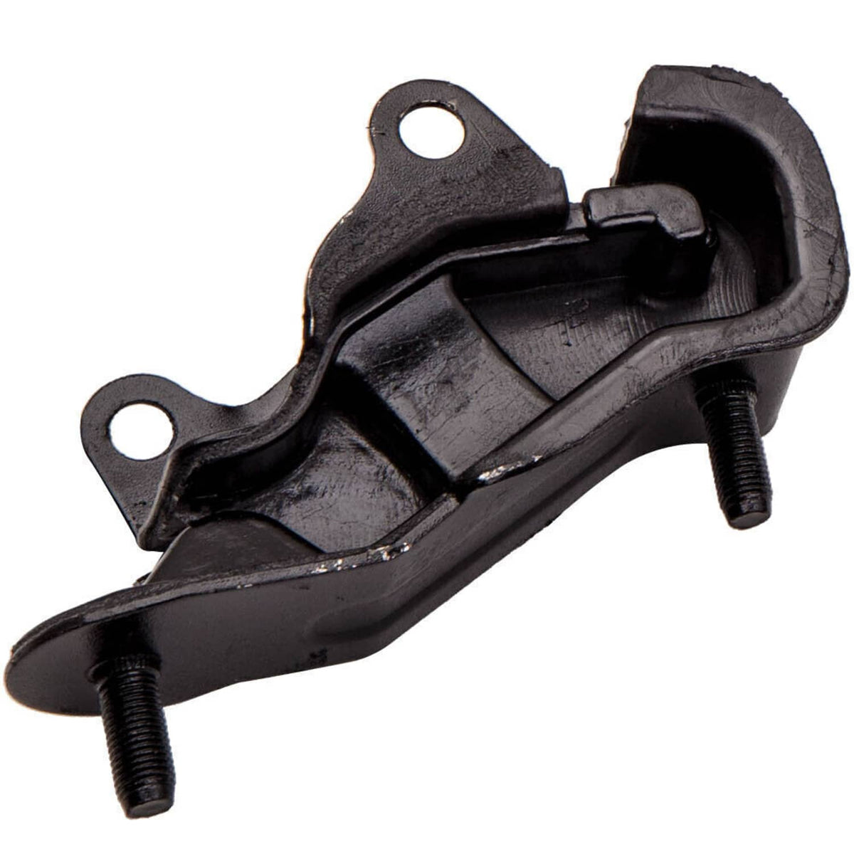 Black rubber engine mount with steel base plate and two mounting bolts