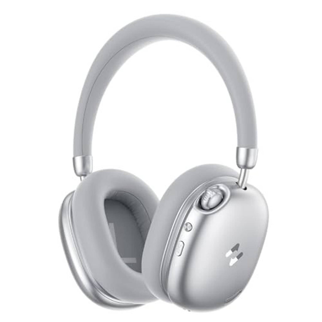 Silver over-ear wireless headphones with padded earcups and visible side controls