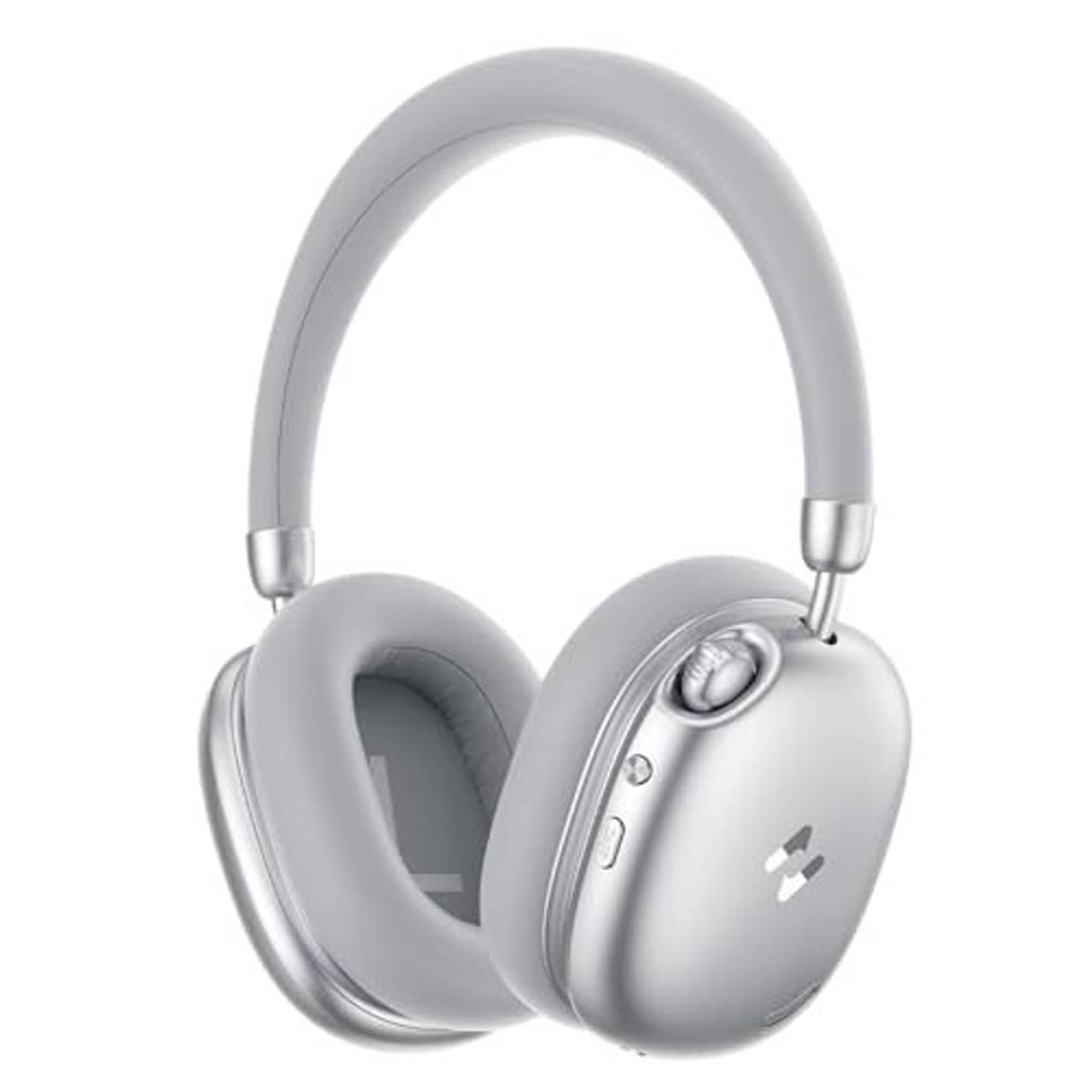 Silver over-ear wireless headphones with padded earcups and visible side controls