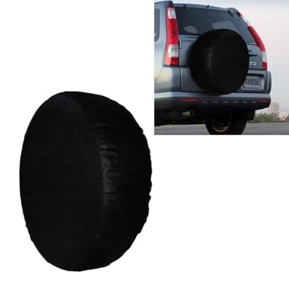 Black spare tire cover on rear hatch of an SUV