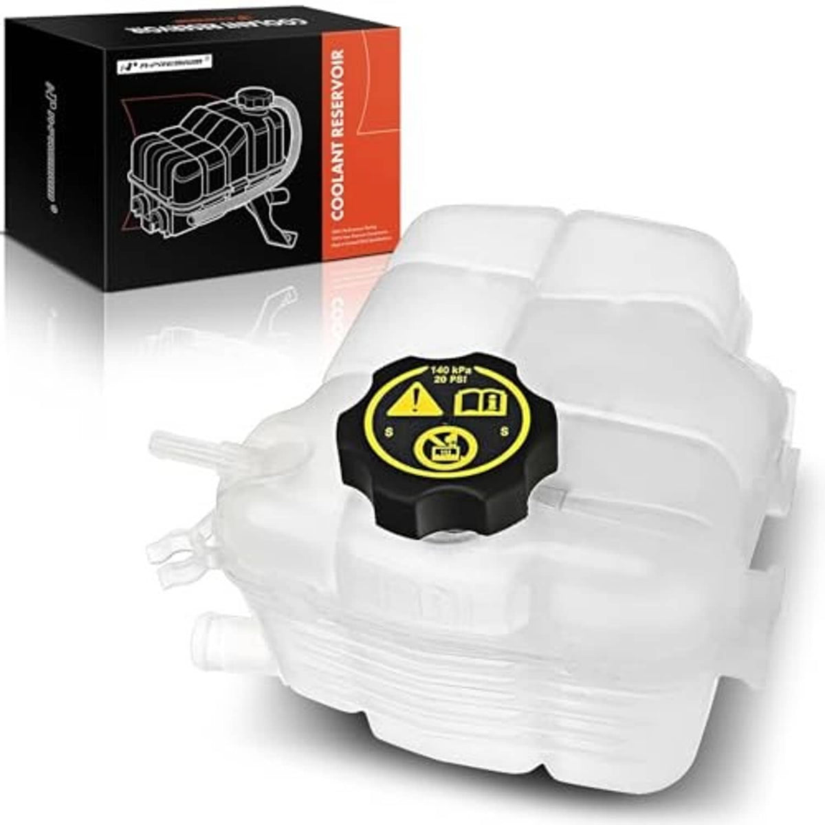 Coolant recovery overflow reservoir tank with black cap, translucent white reservoir
