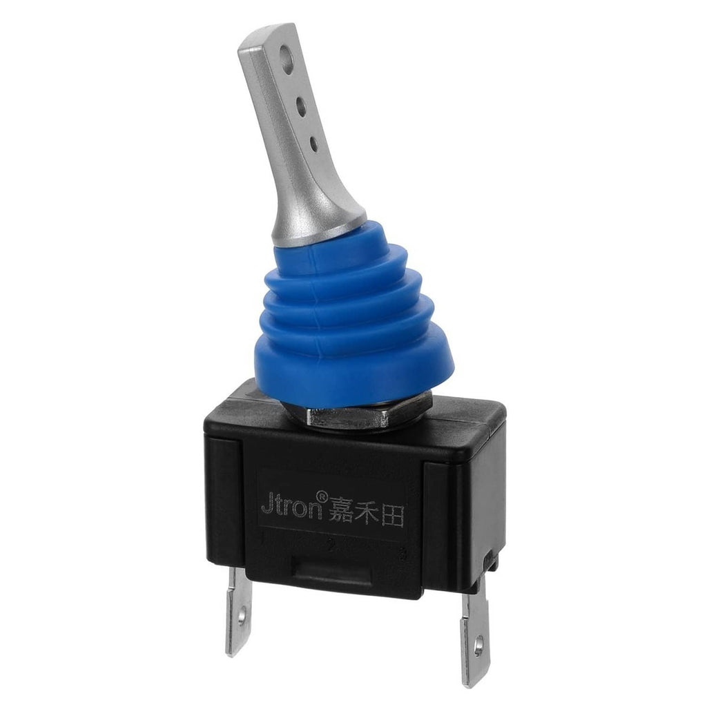 Waterproof toggle switch with blue protective boot, black mount, and silver actuator lever